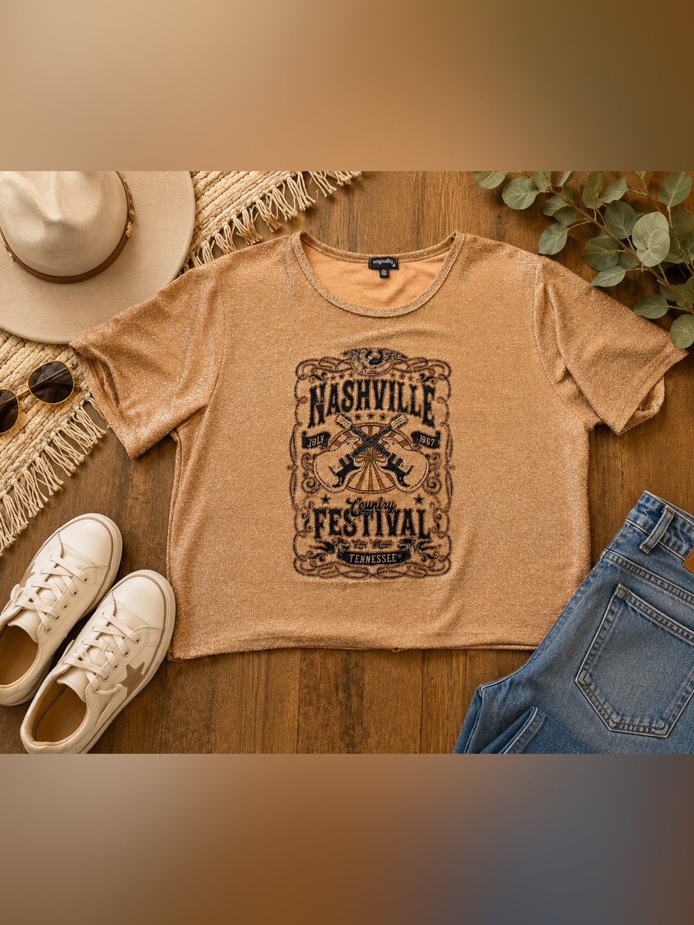 Originality Nashville Country Festival Graphic Crop Tee Shimmer Metallic XL